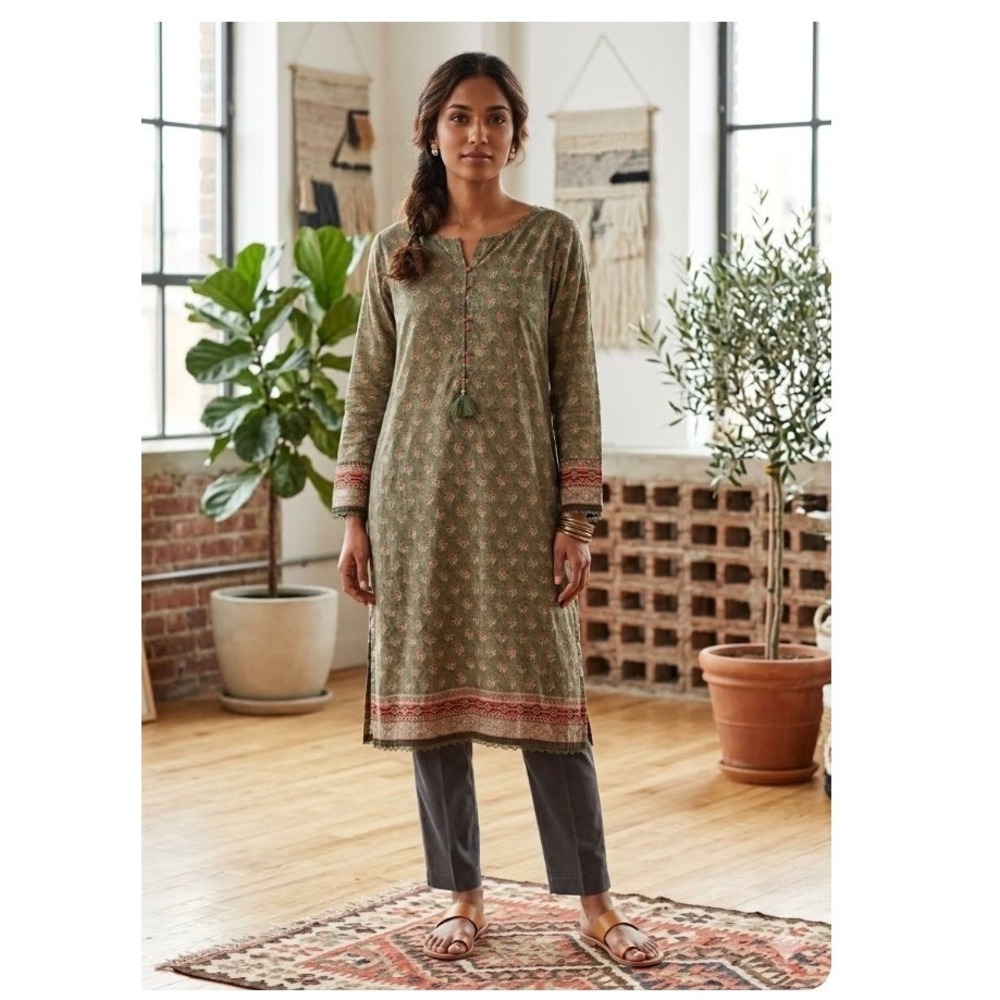 Sadabahar Olive Green Floral Print Kurta Tunic Tassel Split Neck Sz S